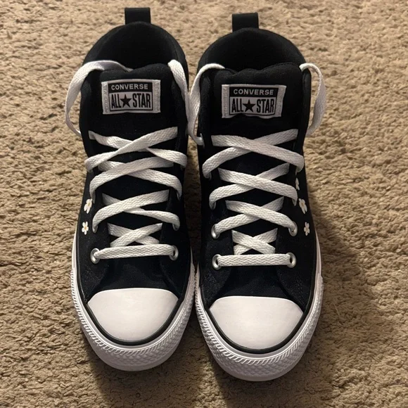 Women’s Converse Black High-Top Sneakers with White Daisy Accents - Picture 2 of 4